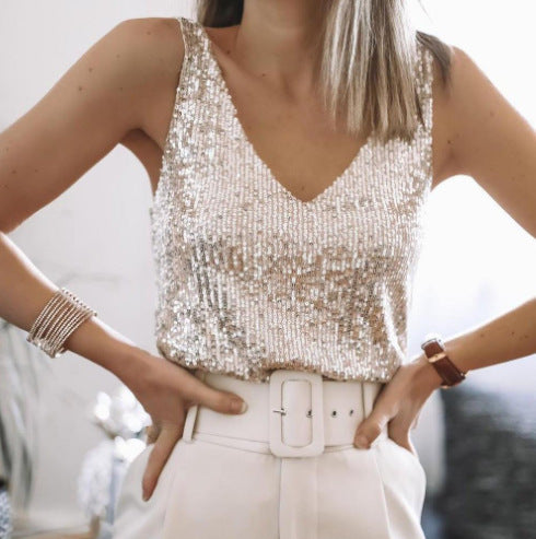 Women's Sequin V-Neck Party Tank Top – Elegant Socialite Style Pullover Vest