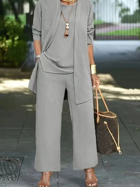 Julia – Premium Vegan Leather Split Round Neck Sleeveless Vest Top with Long Sleeve Cardigan and Wide Leg Pants Suit