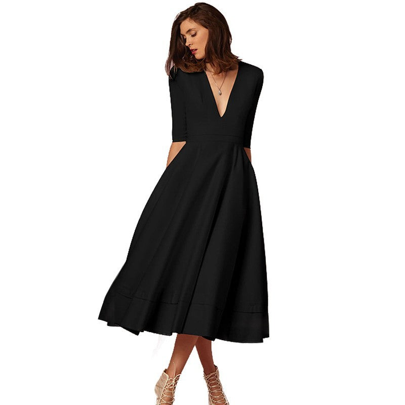 Women's Elegant V-Neck Midi Princess Dress with Sleeves for Special Occasions