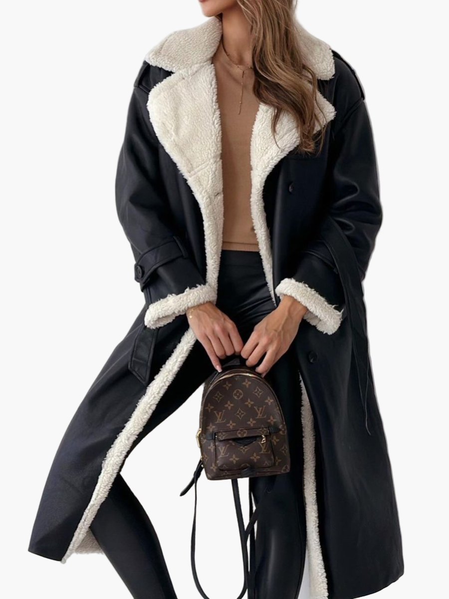 Women's Elegant Long Teddy Collar Coat – Classic Double-Breasted Winter Outerwear