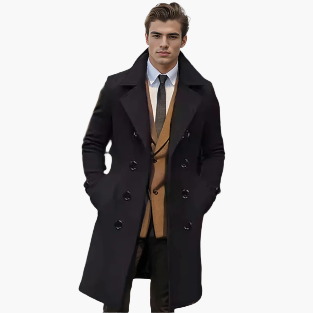 Men's Italian Style Double-Breasted Long Coat – Modern Formal Overcoat