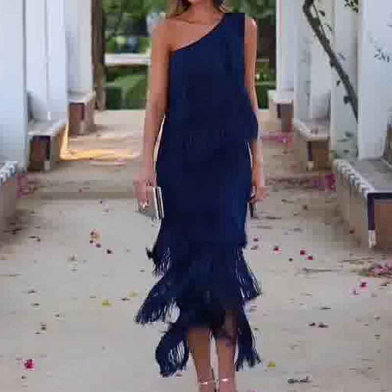 Andrea – Layered Fringe Design Dress with Diagonal Collar