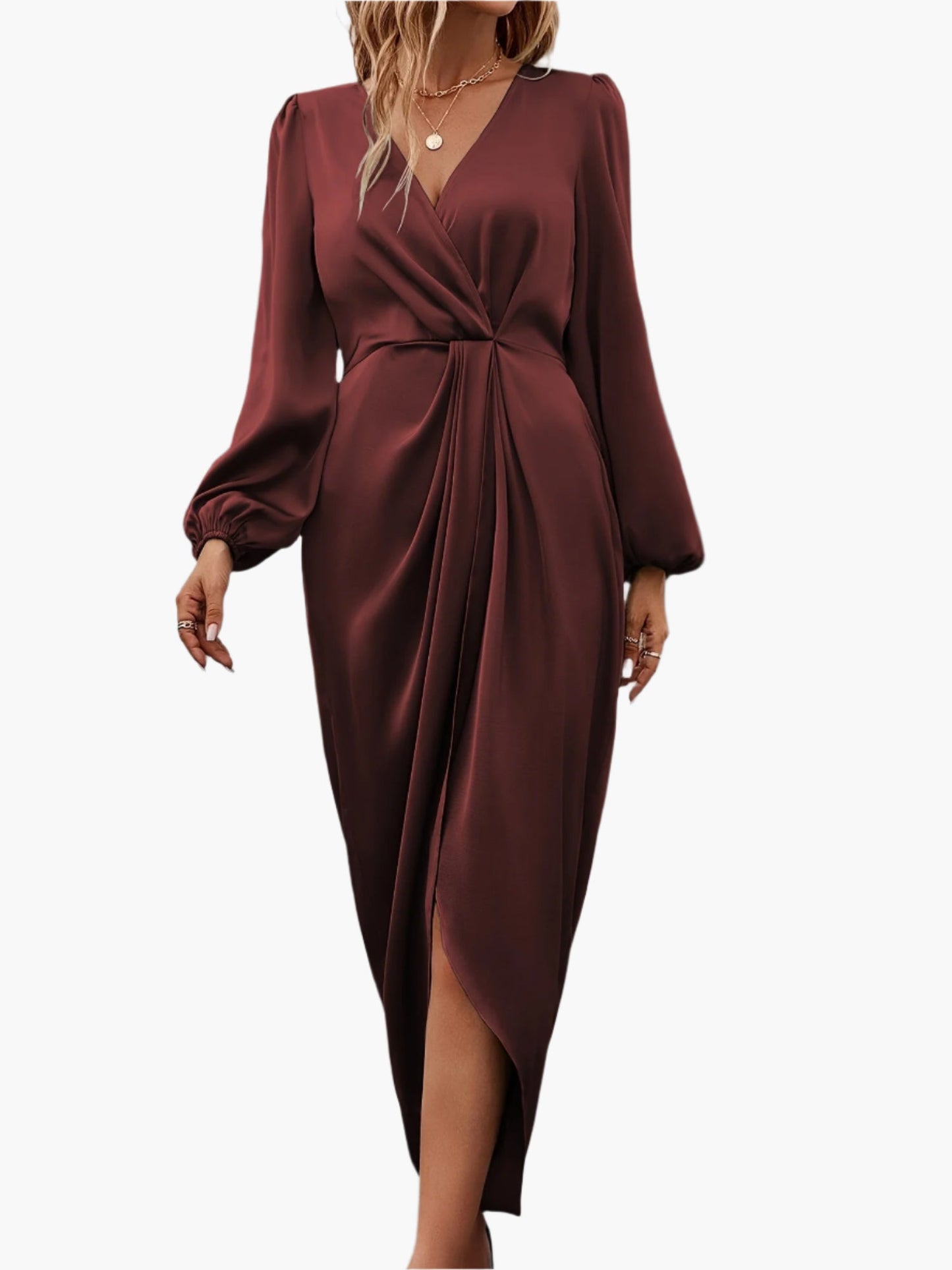 Women's Elegant Formal Wrap Surplice Neckline Ruched Midi Dress