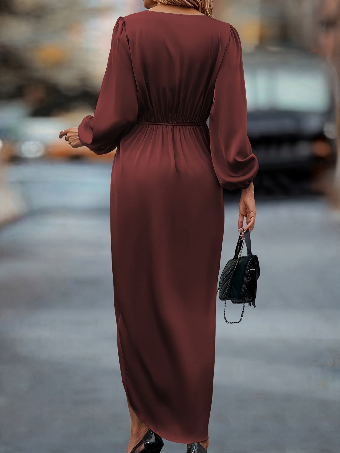 Women's Elegant Formal Wrap Surplice Neckline Ruched Midi Dress
