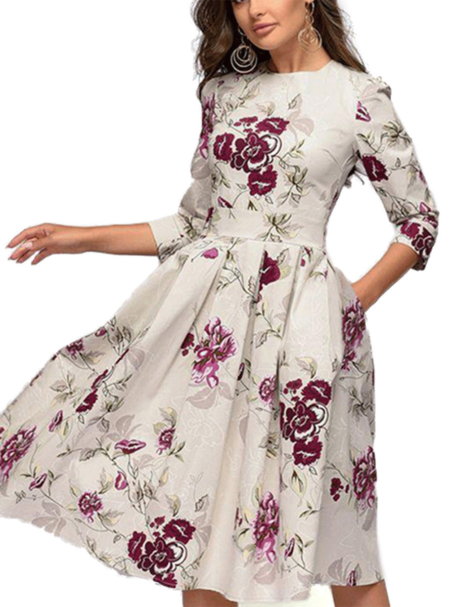 Women's Elegant Floral Print A-Line Midi Dress for Work or Special Occasions