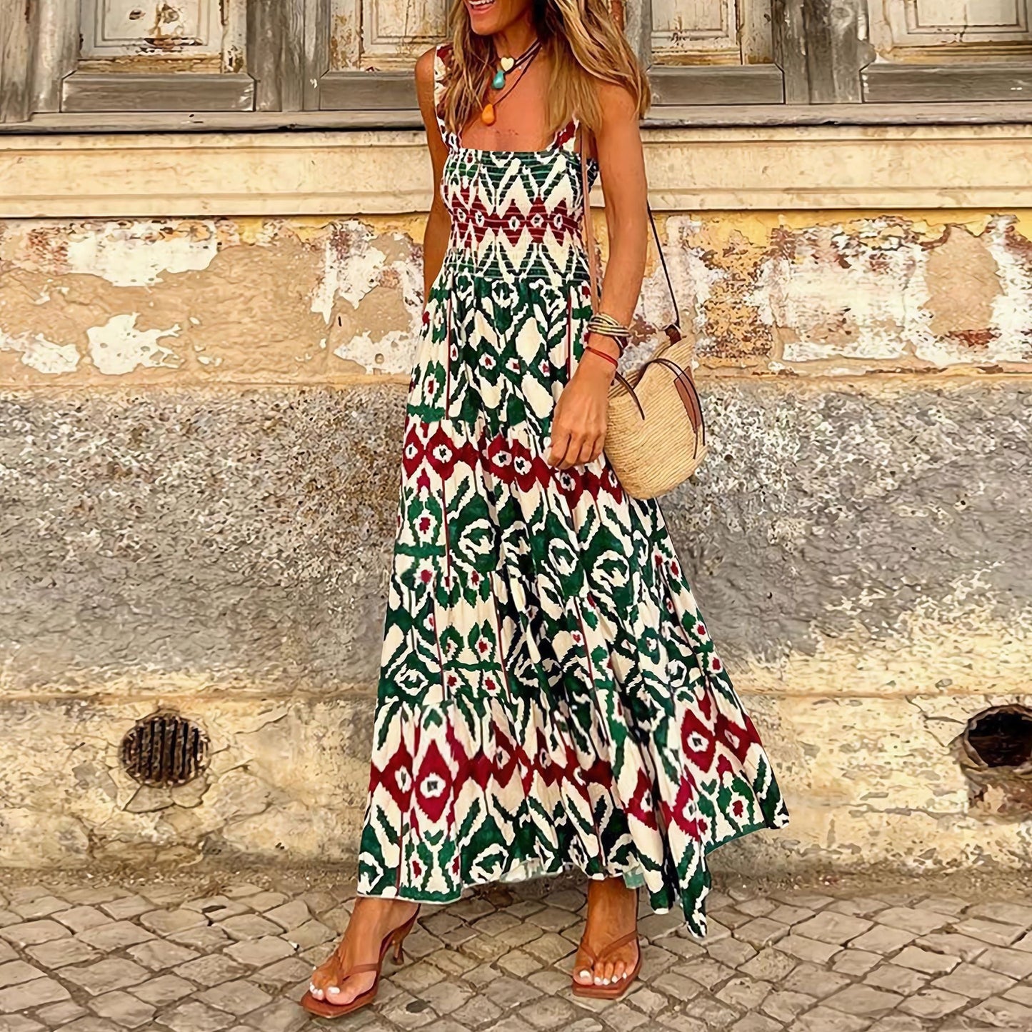 Helen – Elegant Floral Print French Strap Summer Dress