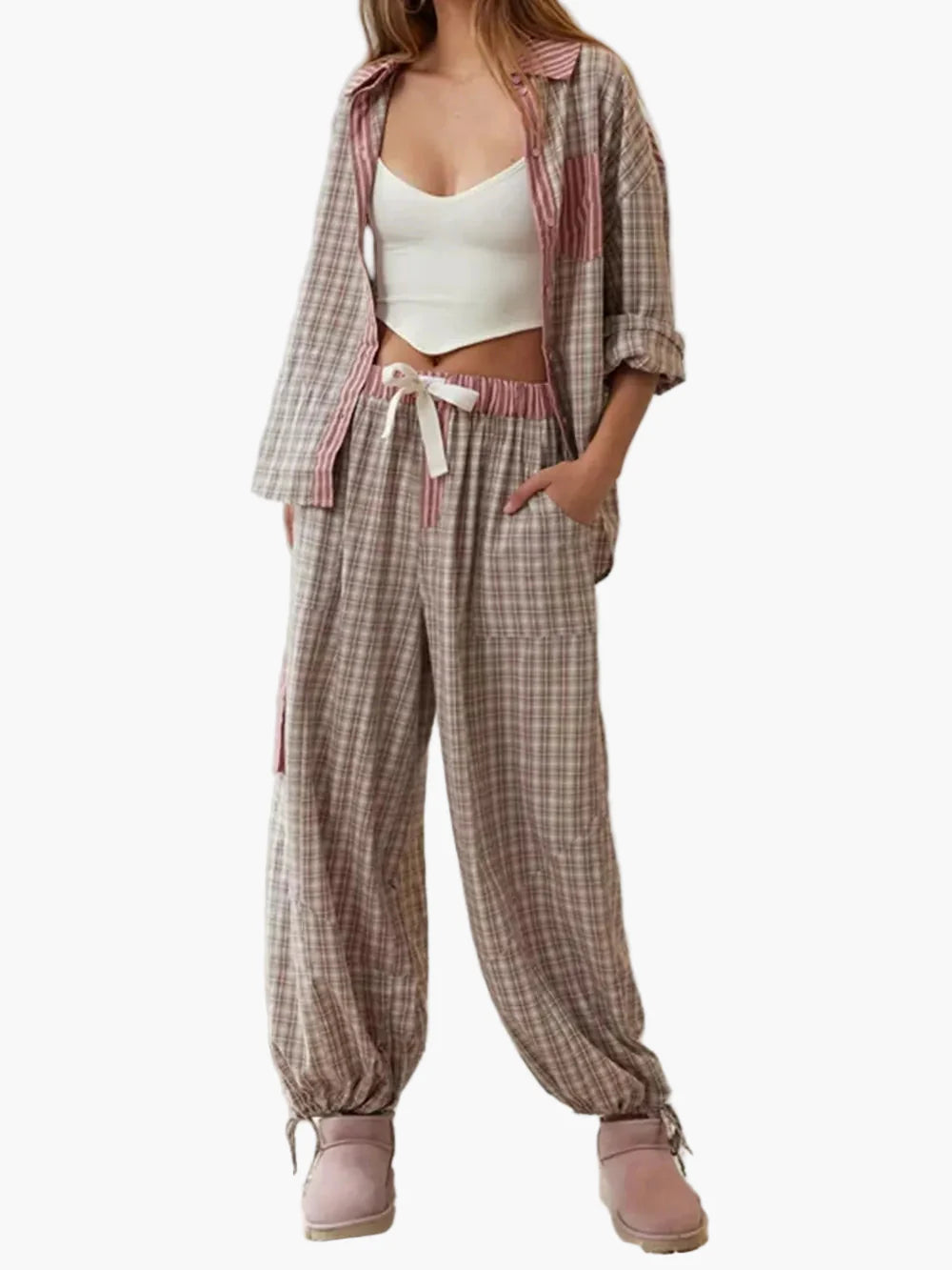 Women's Relaxed Fit Pajama Set with Striped and Plaid Accents for Cozy Loungewear and Sleepwear