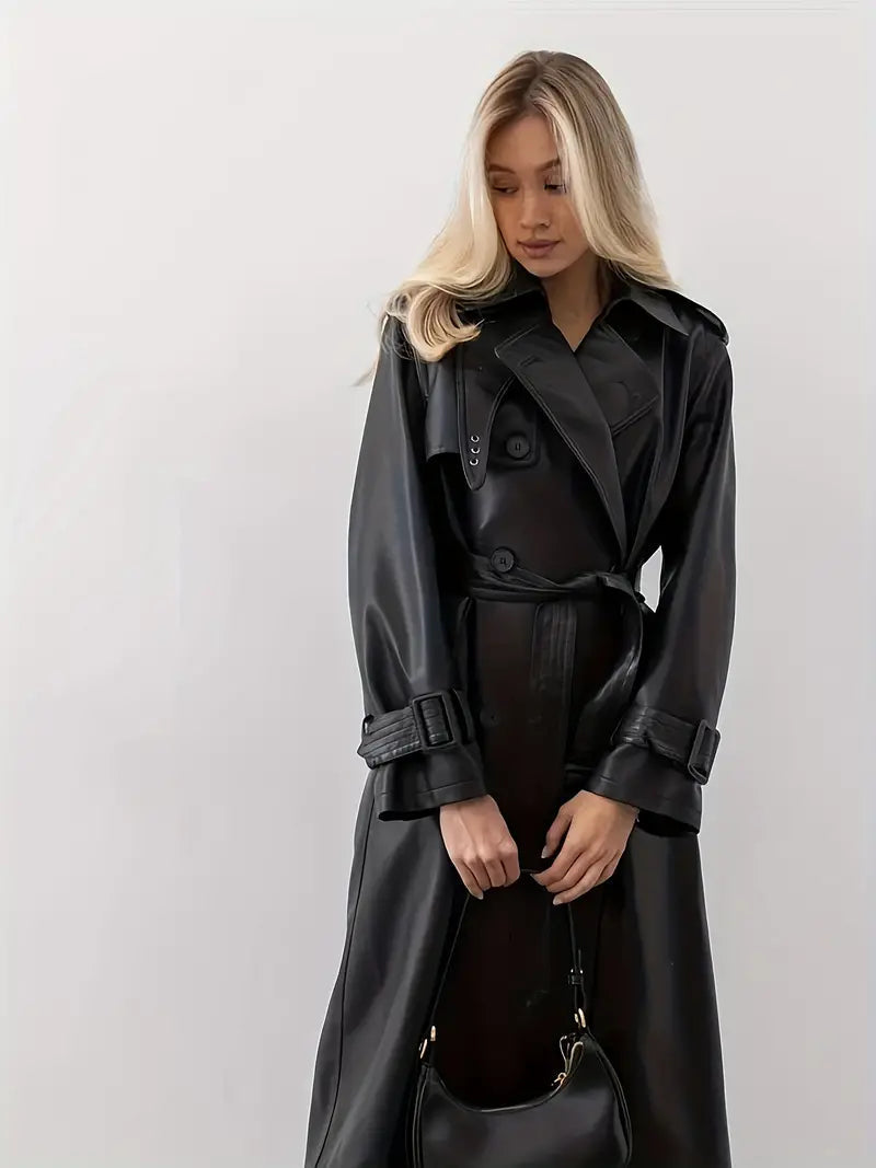 Women's Long Trench Coat - Double-Breasted Belted Elegant Overcoat