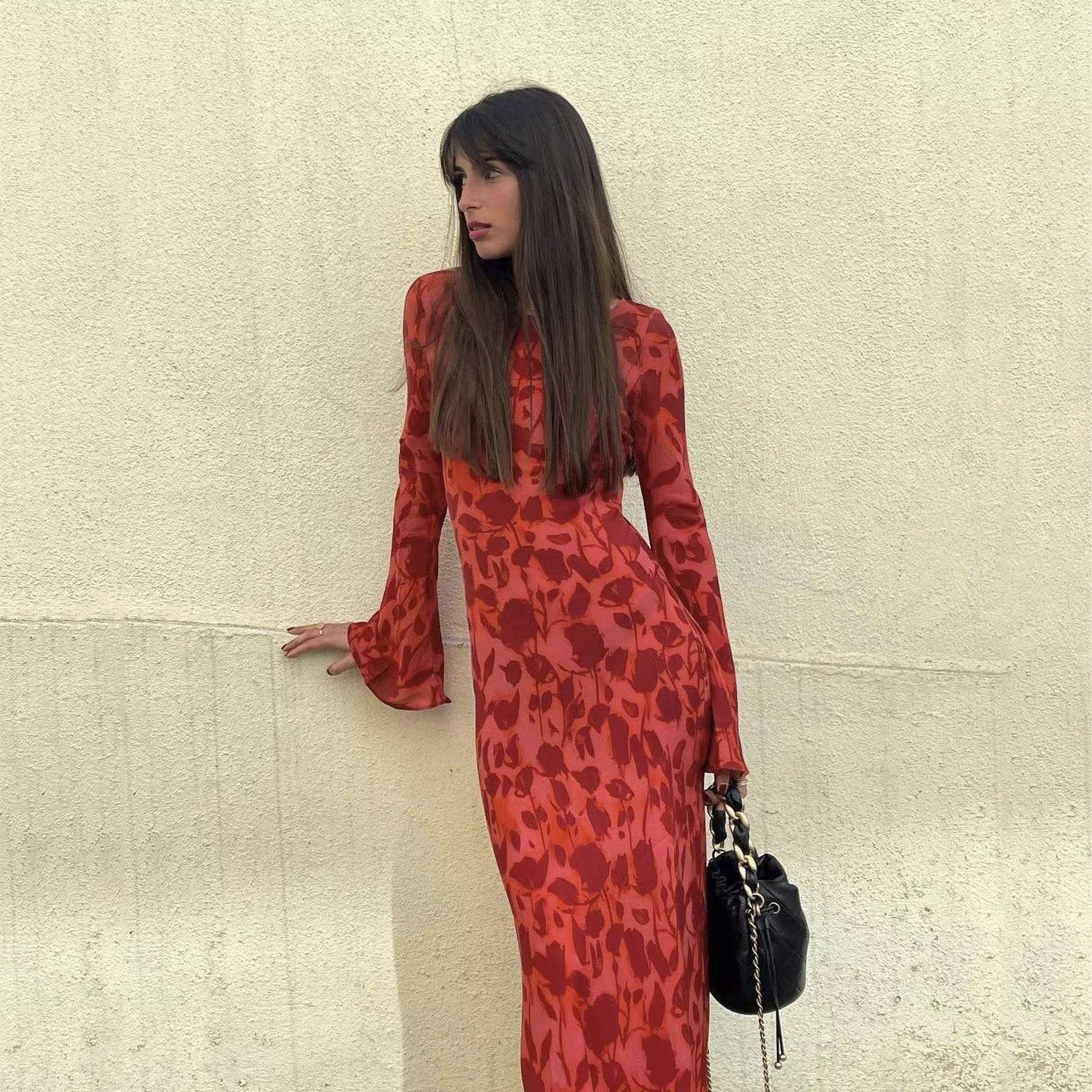 Kathleen – Long Chiffon Dress with Long Sleeves and Fitted Waist