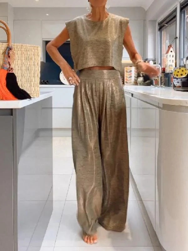 Hannah – Women's Casual Glossy Vest and Wide Leg Pants Set