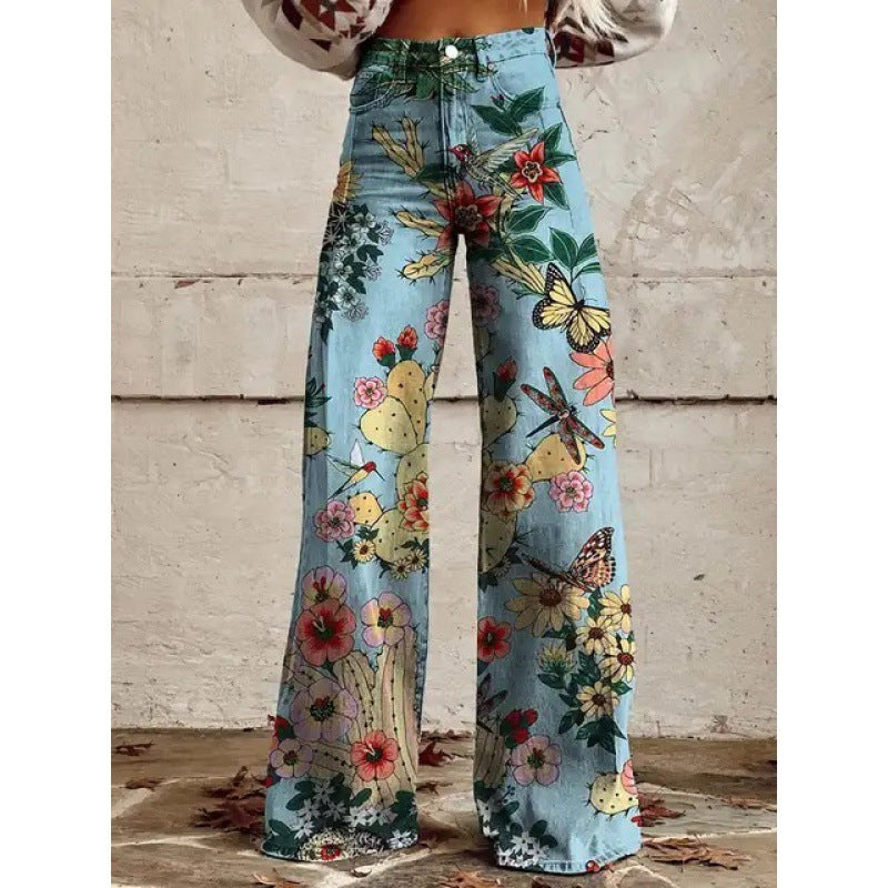 Samantha – Fashion Women's Printed High Waist Loose Thin Premium Vegan Denim Wide Leg Pants