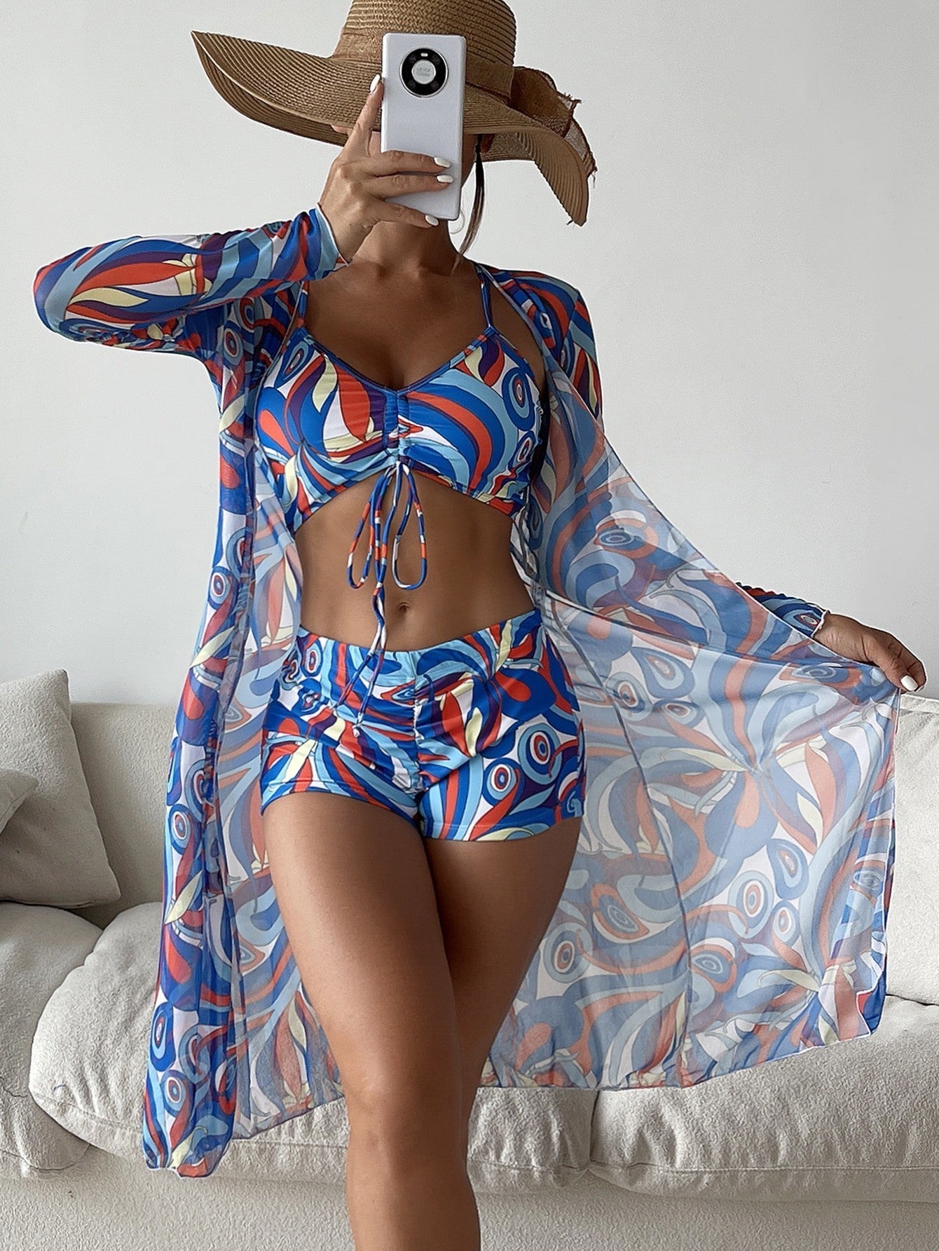 Donna – 3-Piece Printed Bikini with Long Sleeve Cardigan