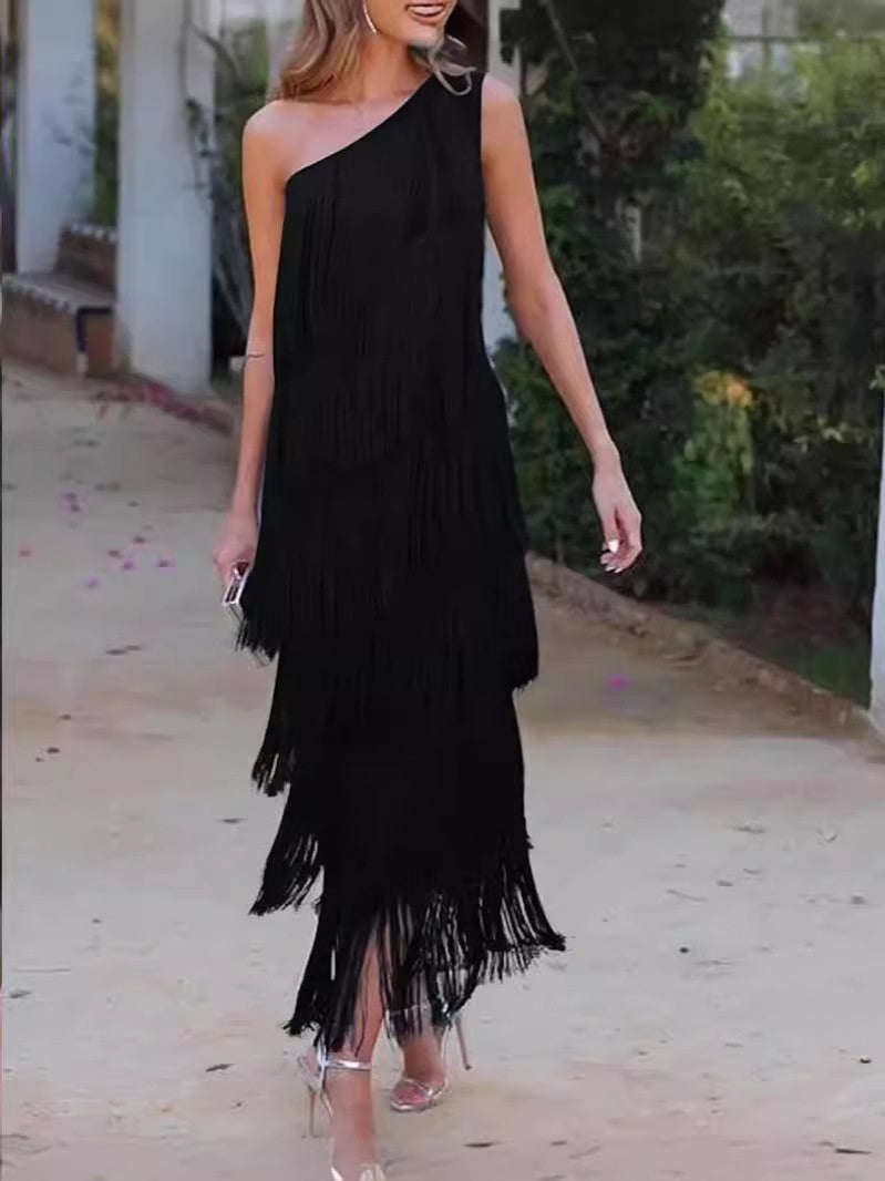Andrea – Layered Fringe Design Dress with Diagonal Collar