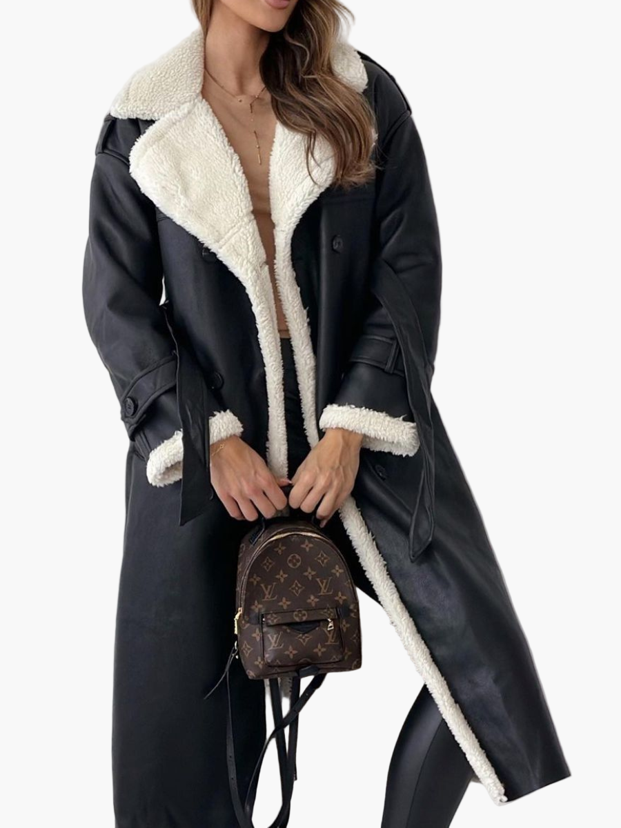 Women's Elegant Long Teddy Collar Coat – Classic Double-Breasted Winter Outerwear