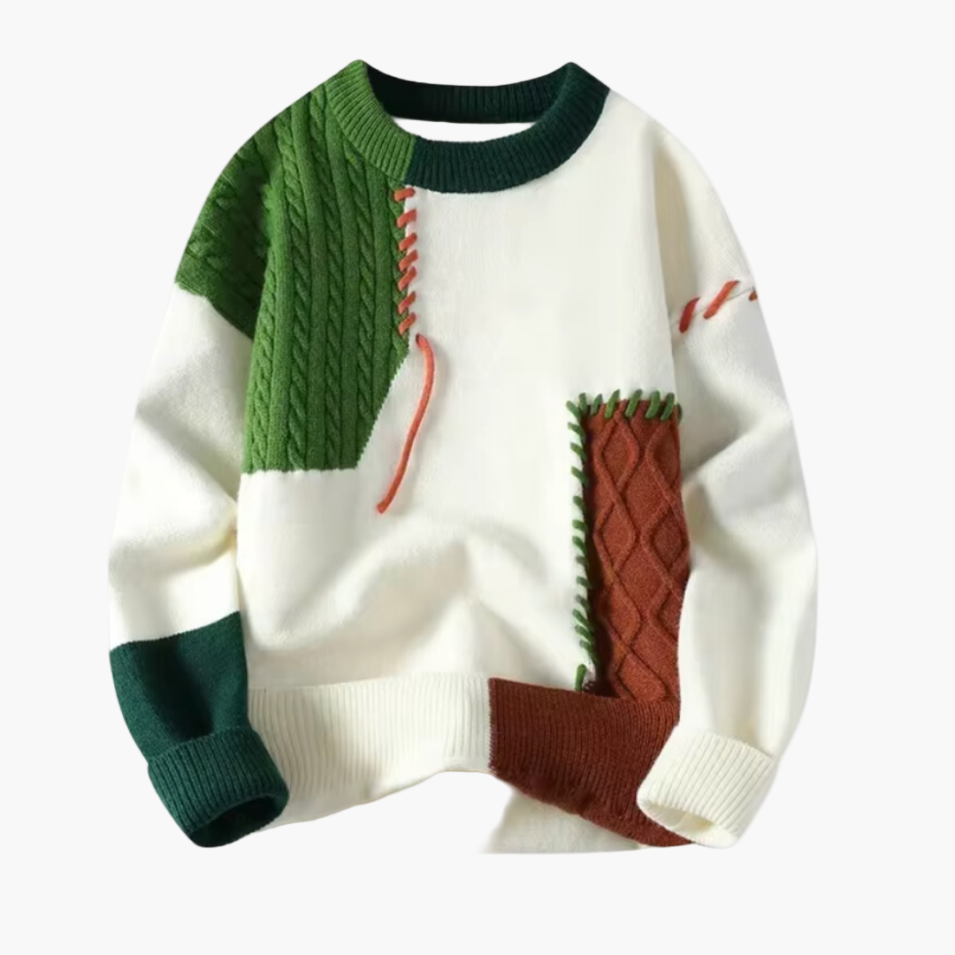 Men's Modern Patchwork Knit Sweater Casual Crewneck Pullover Stylish Autumn Winter Wear