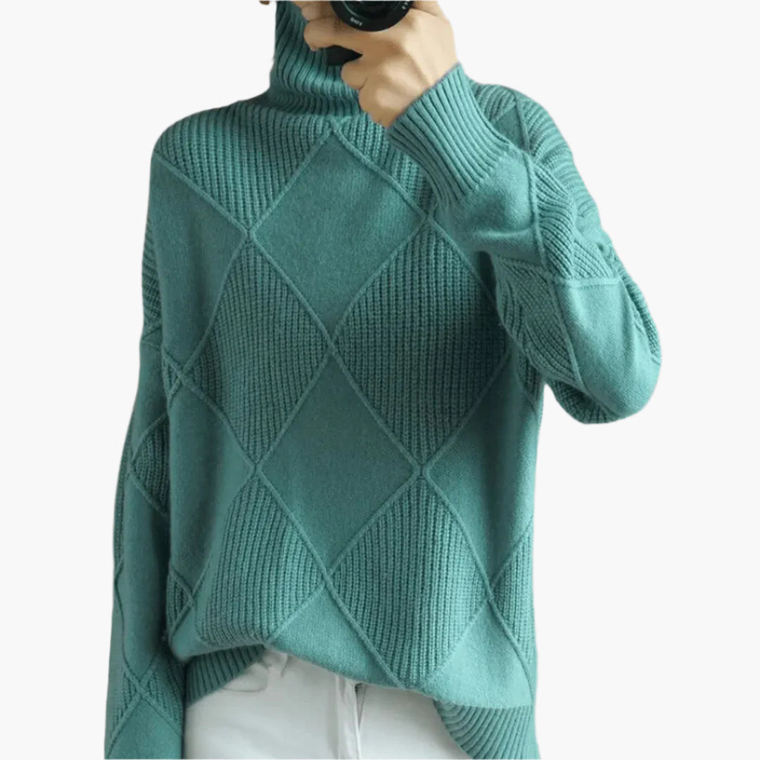 Women's Elegant Turtleneck Sweater, Classic Diamond Knit, Versatile Everyday Style