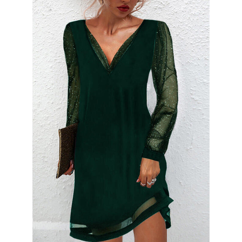 Rachael – Solid Lace Trim Sleeves V Neck Pullover Dress