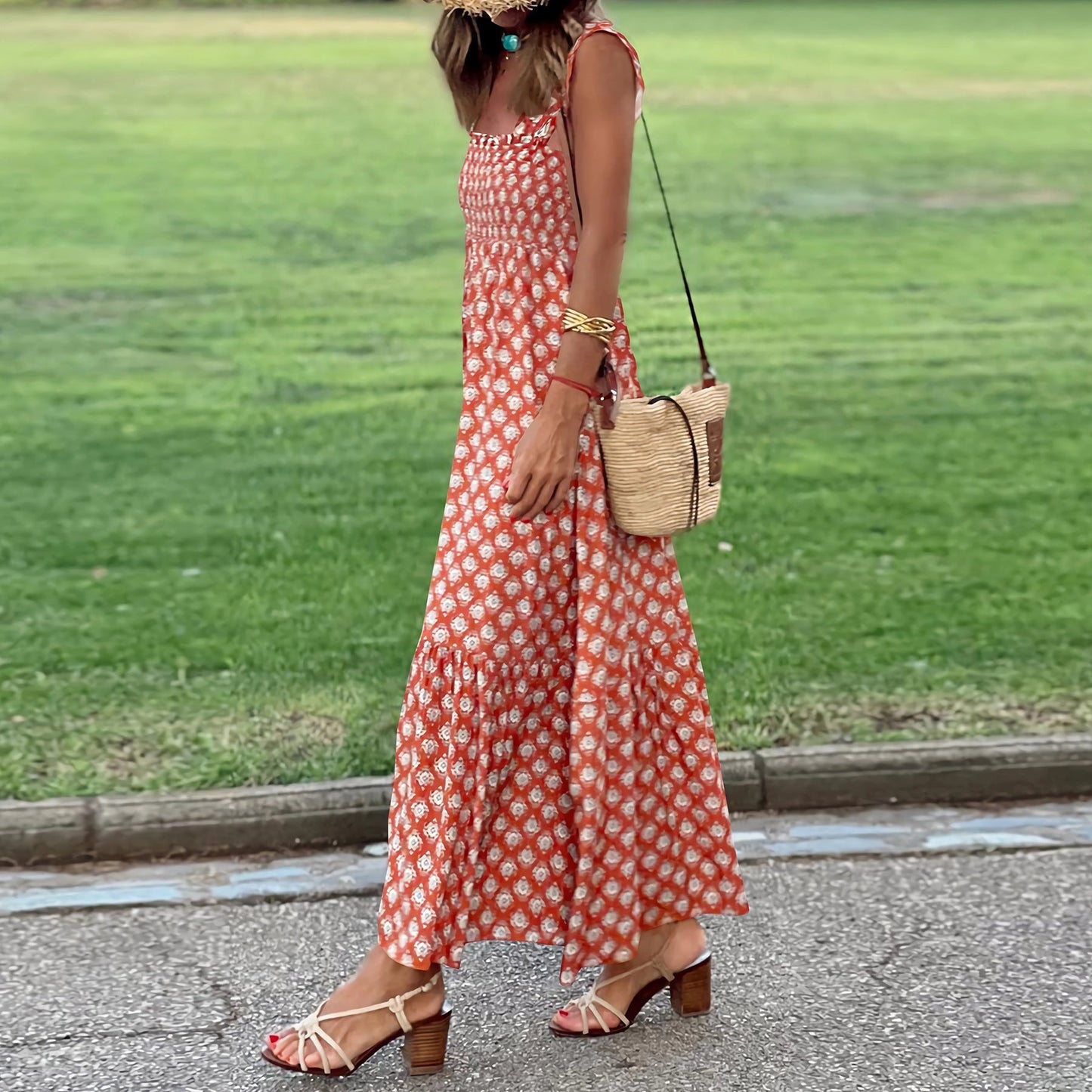 Helen – Elegant Floral Print French Strap Summer Dress