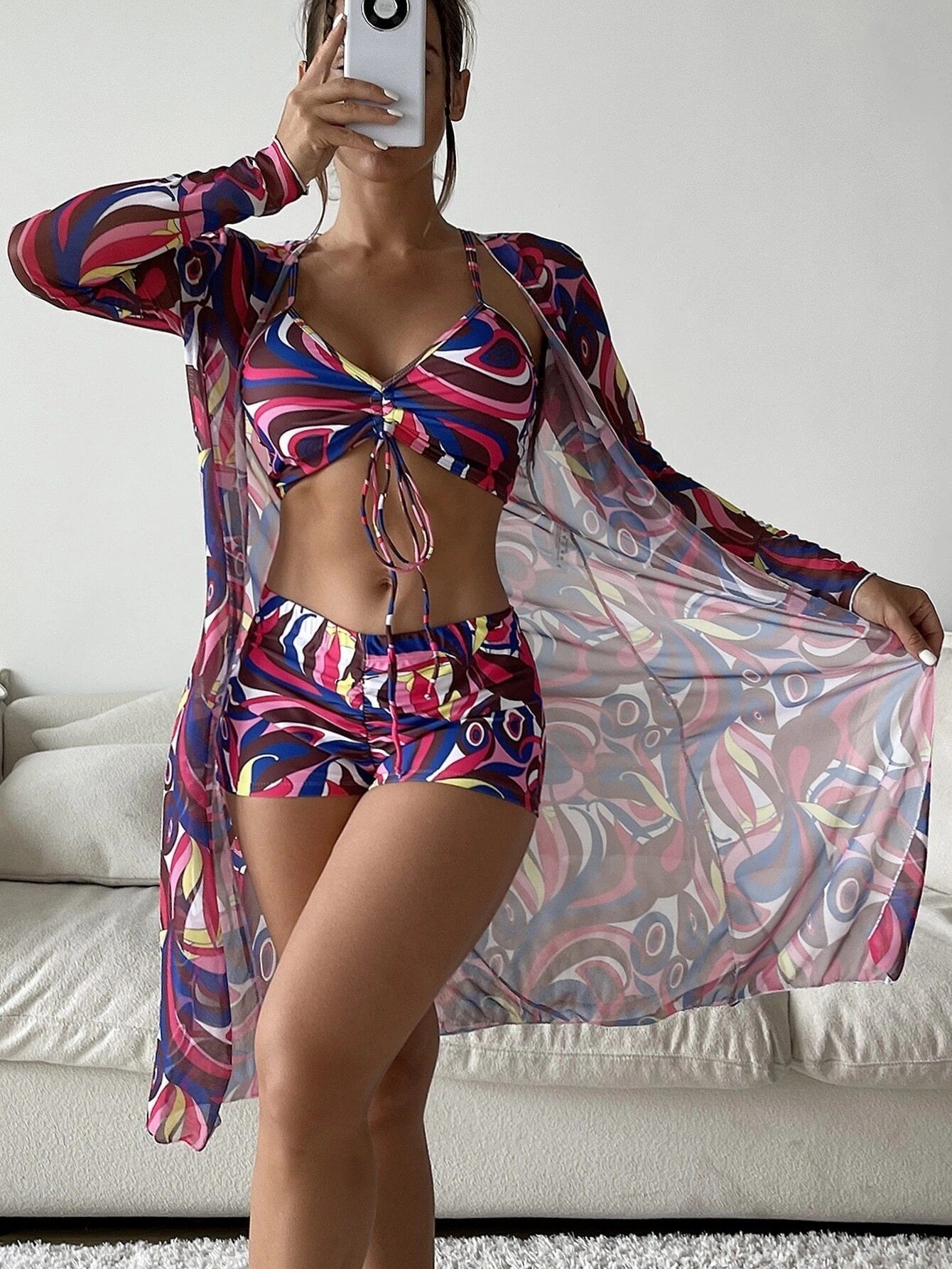 Donna – 3-Piece Printed Bikini with Long Sleeve Cardigan