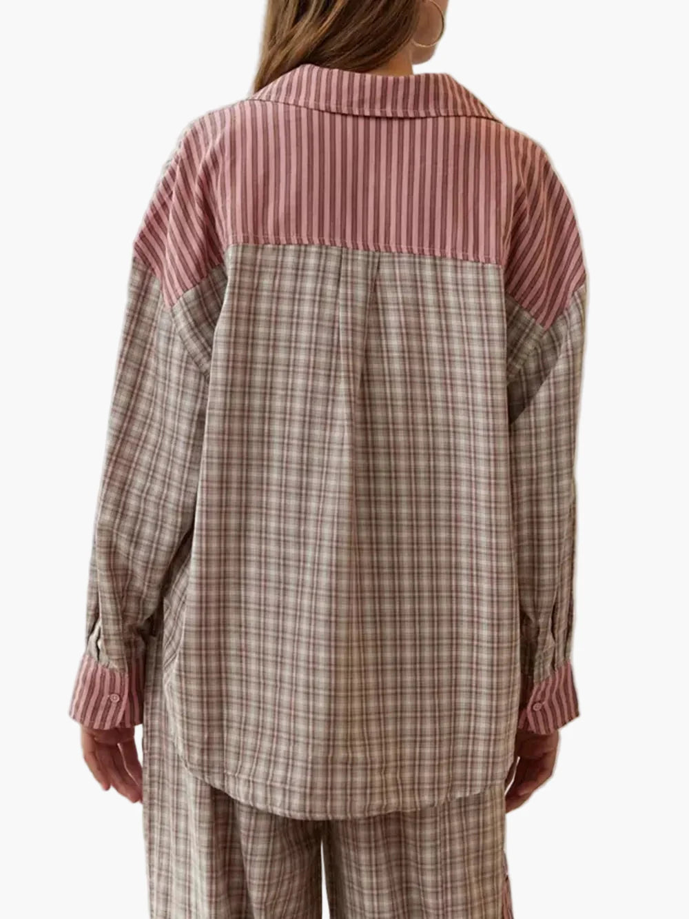 Women's Relaxed Fit Pajama Set with Striped and Plaid Accents for Cozy Loungewear and Sleepwear