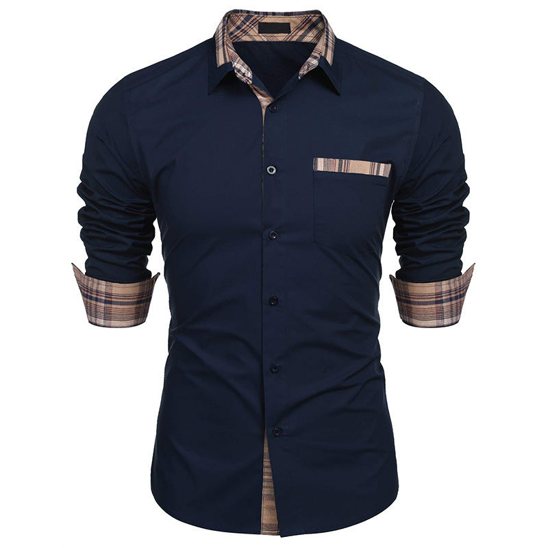 Men's Slim Fit Plaid Detail Dress Shirt, Casual Business Long Sleeve Button-Up