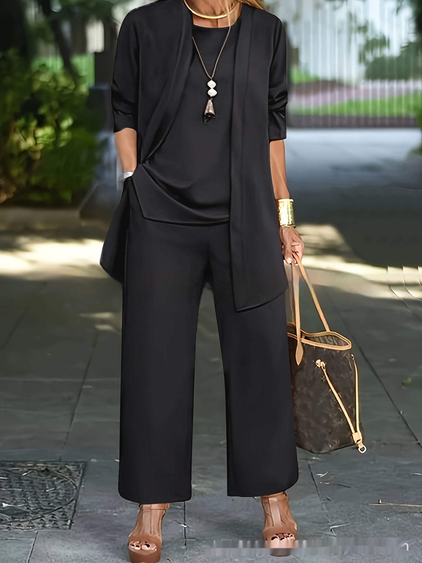 Julia – Premium Vegan Leather Split Round Neck Sleeveless Vest Top with Long Sleeve Cardigan and Wide Leg Pants Suit