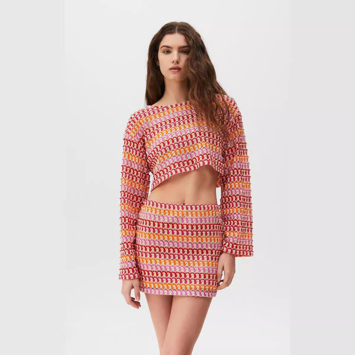 Samantha – Lace Midriff Outfit with Bell Sleeve Top and Hip Skirt