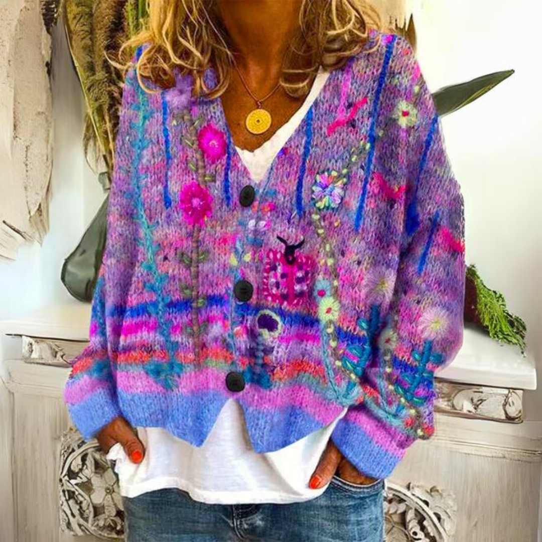 Women's Artistic Boho Knit Cardigan Sweater – Casual Statement Layer for Winter and Fall