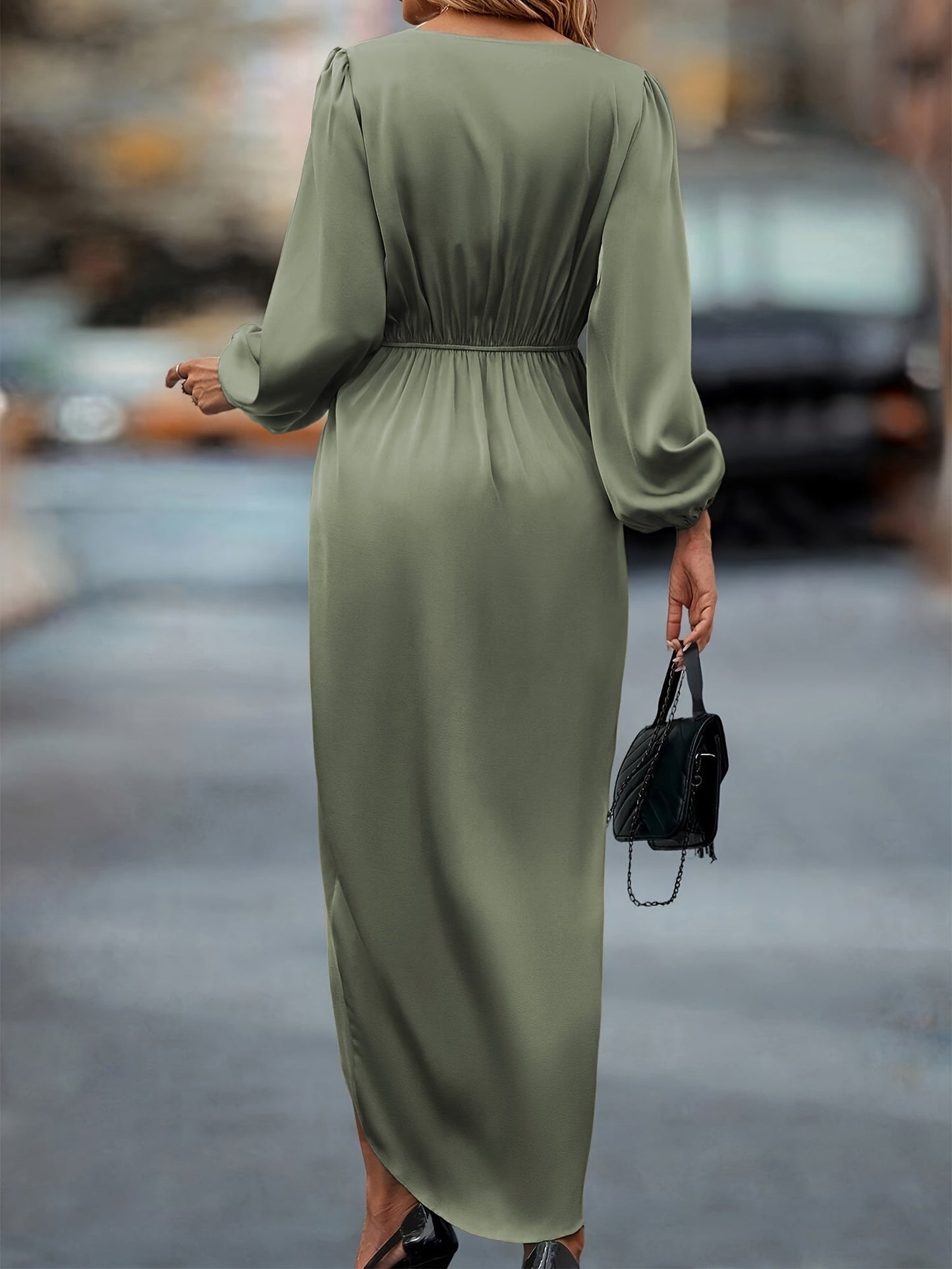 Women's Elegant Formal Wrap Surplice Neckline Ruched Midi Dress