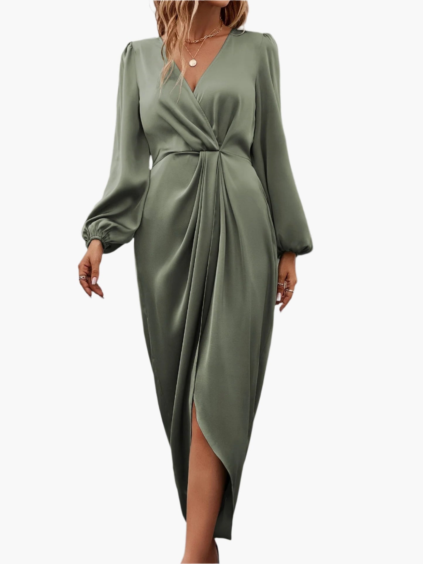 Women's Elegant Formal Wrap Surplice Neckline Ruched Midi Dress
