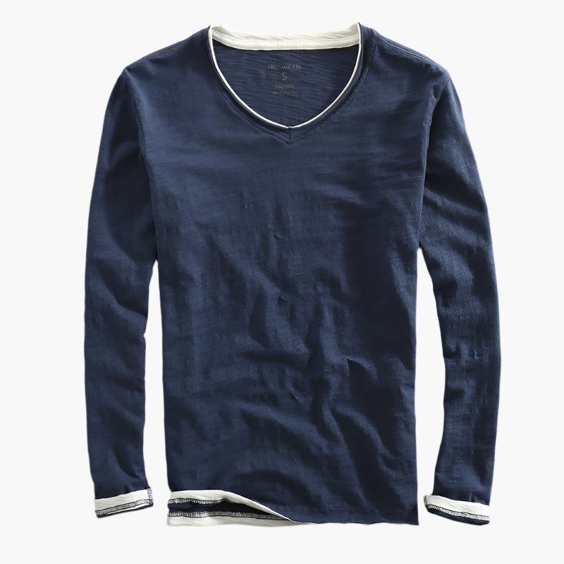 Men's Vintage Fit Layered Illusion Long Sleeve V-Neck Shirt Smart Casual