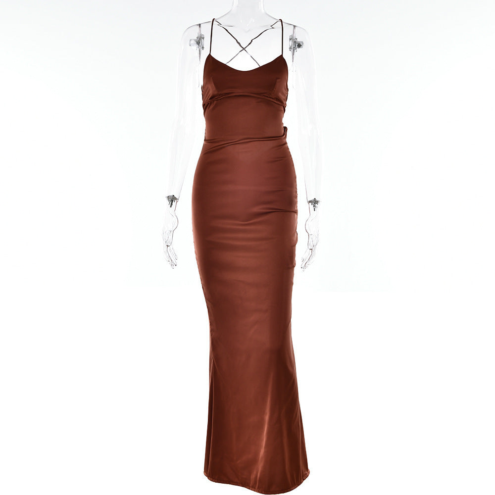 Kelly – Backless Satin Dress with Lace-up and Hip Bag