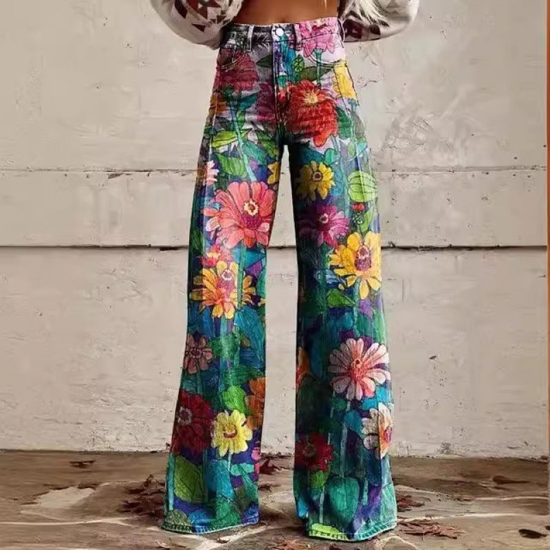Samantha – Fashion Women's Printed High Waist Loose Thin Premium Vegan Denim Wide Leg Pants