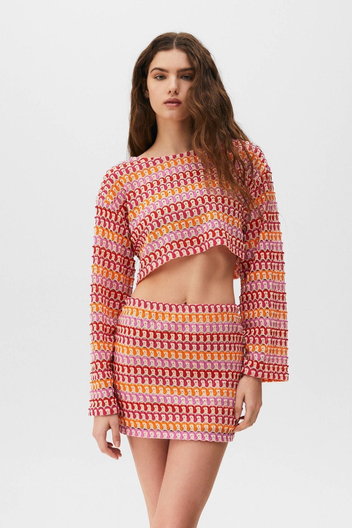 Samantha – Lace Midriff Outfit with Bell Sleeve Top and Hip Skirt