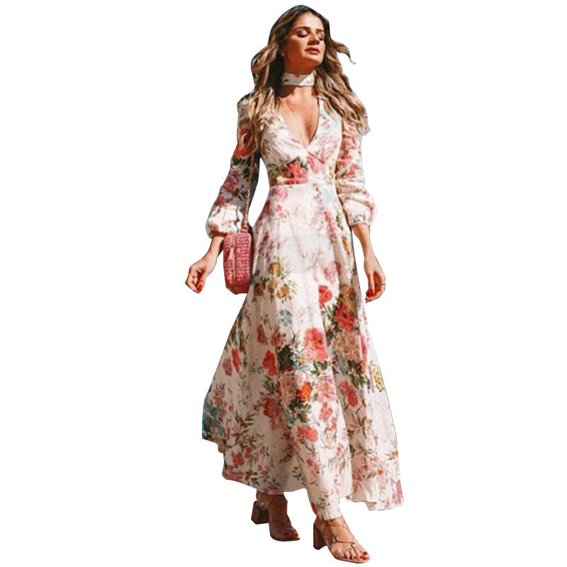 Francesca – European and American Style Dress with Long Sleeves and Deep V-Neck