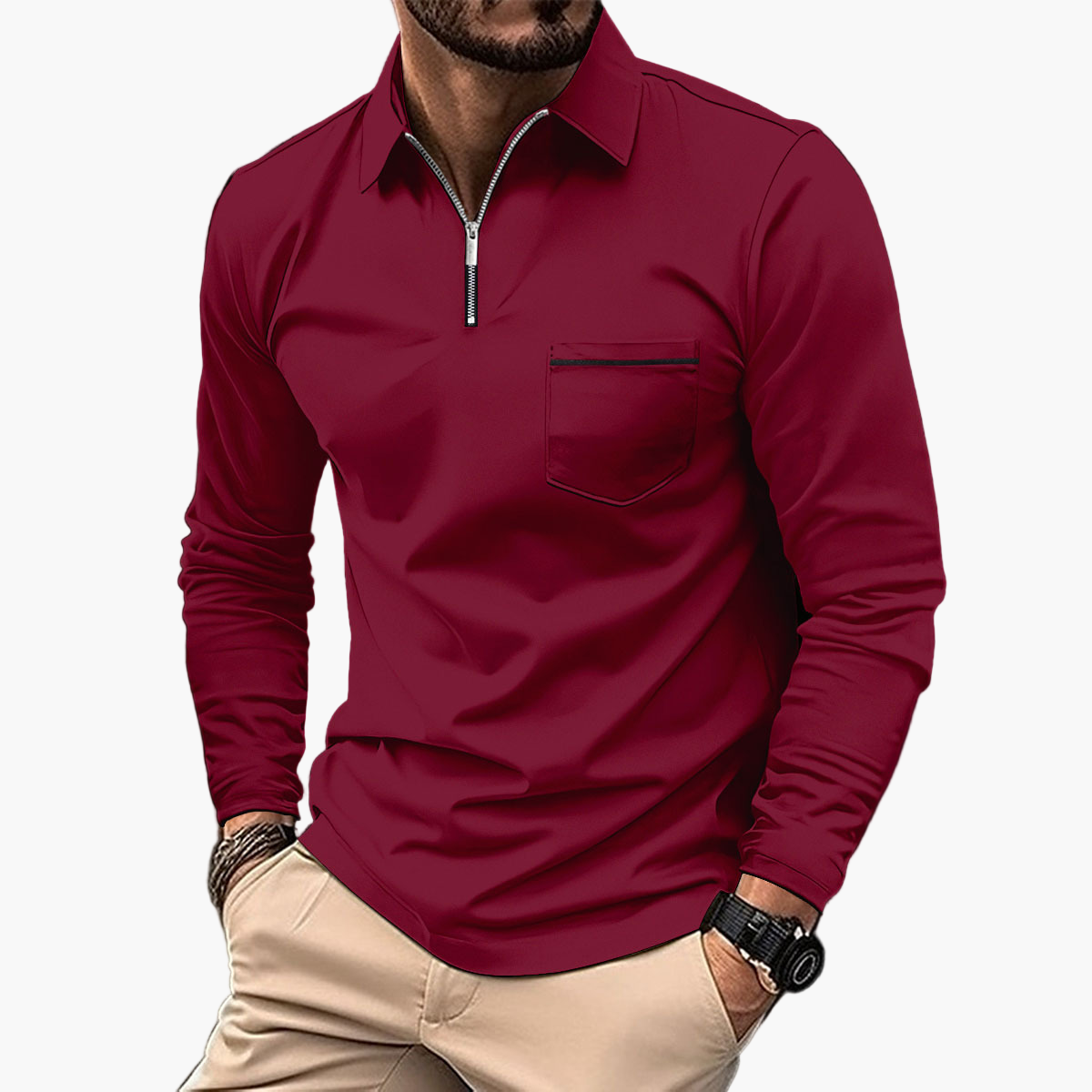Men's Classic Long Sleeve Polo Shirt with Chest Pocket – Smart Casual Style for Everyday and Office
