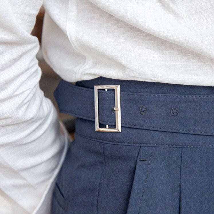 Men's High-Waisted Tailored Pleated Trousers with Adjustable Side Buckle – Elegant Formal & Business Casual Pants