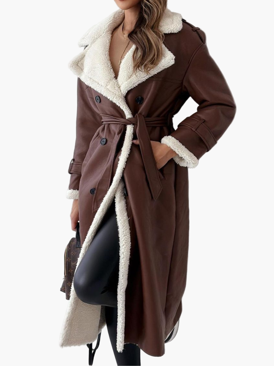 Women's Elegant Long Teddy Collar Coat – Classic Double-Breasted Winter Outerwear