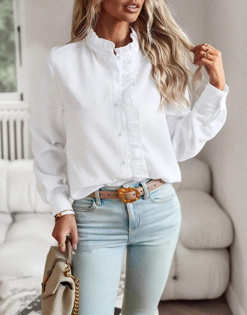 Women's Ruffled Button-Up Casual Blouse – Elegant Versatile Office & Everyday Style