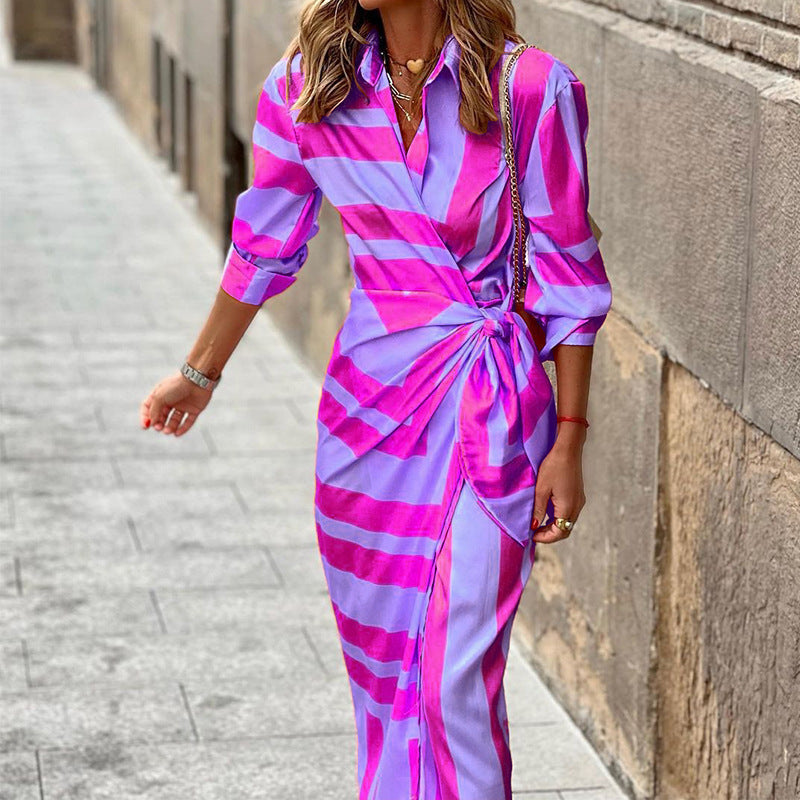 Laura – Striped Printed Dress with Lace-up Cardigan