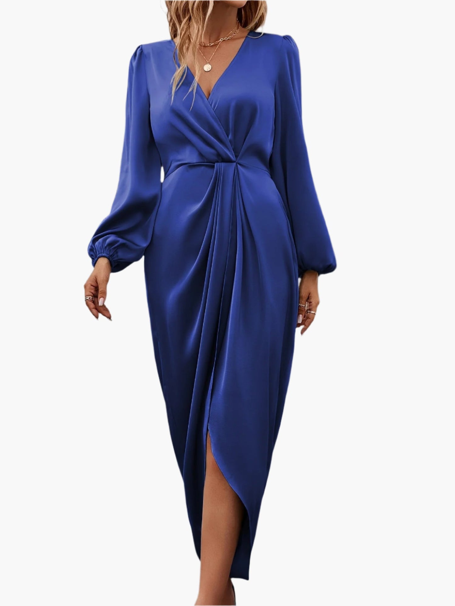 Women's Elegant Formal Wrap Surplice Neckline Ruched Midi Dress