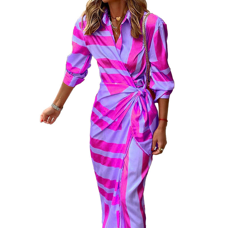 Laura – Striped Printed Dress with Lace-up Cardigan
