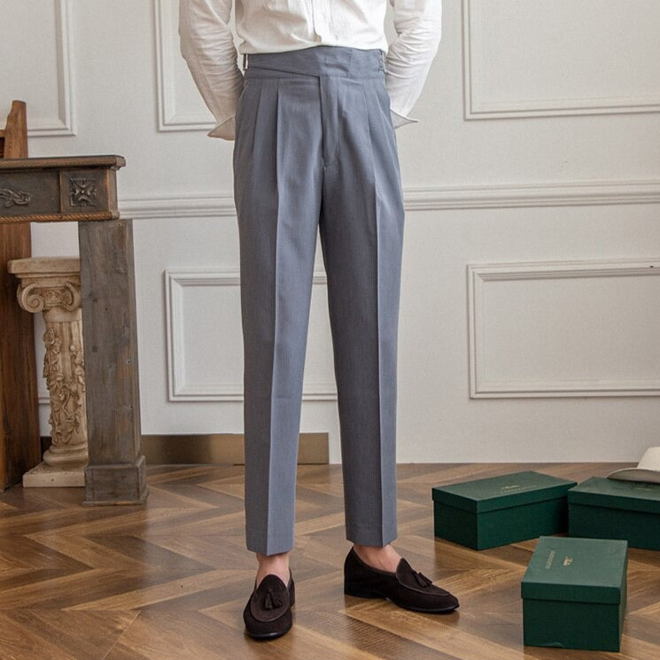 Men's High-Waisted Tailored Pleated Trousers with Adjustable Side Buckle – Elegant Formal & Business Casual Pants
