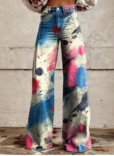 Samantha – Fashion Women's Printed High Waist Loose Thin Premium Vegan Denim Wide Leg Pants