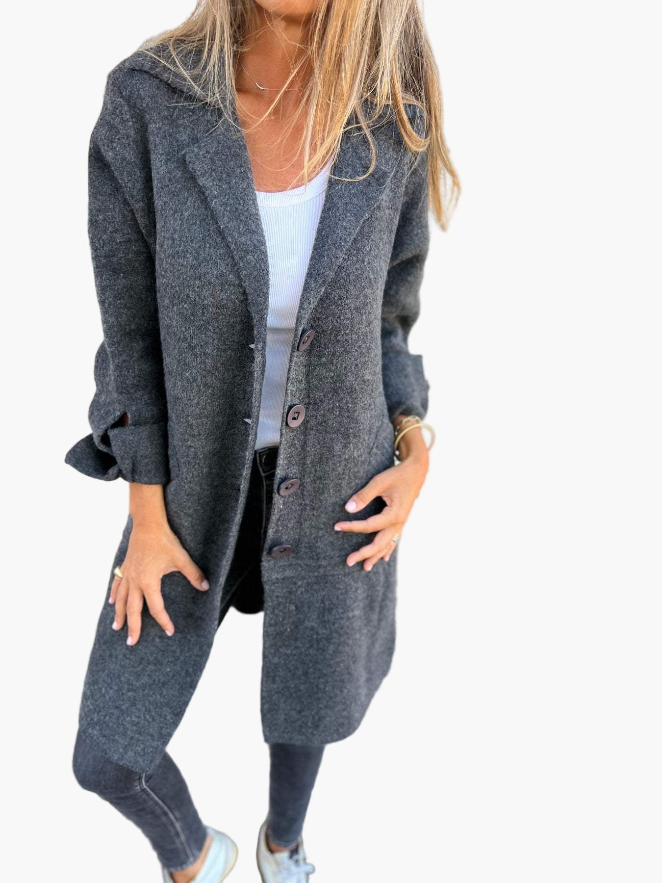Women's Casual Long Coat with Turn-Up Sleeves – Stylish Everyday Outerwear