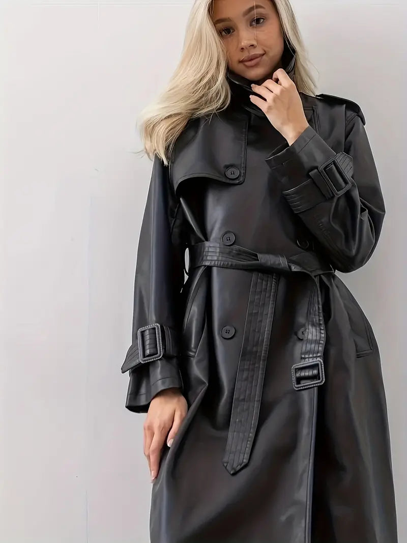 Women's Long Trench Coat - Double-Breasted Belted Elegant Overcoat