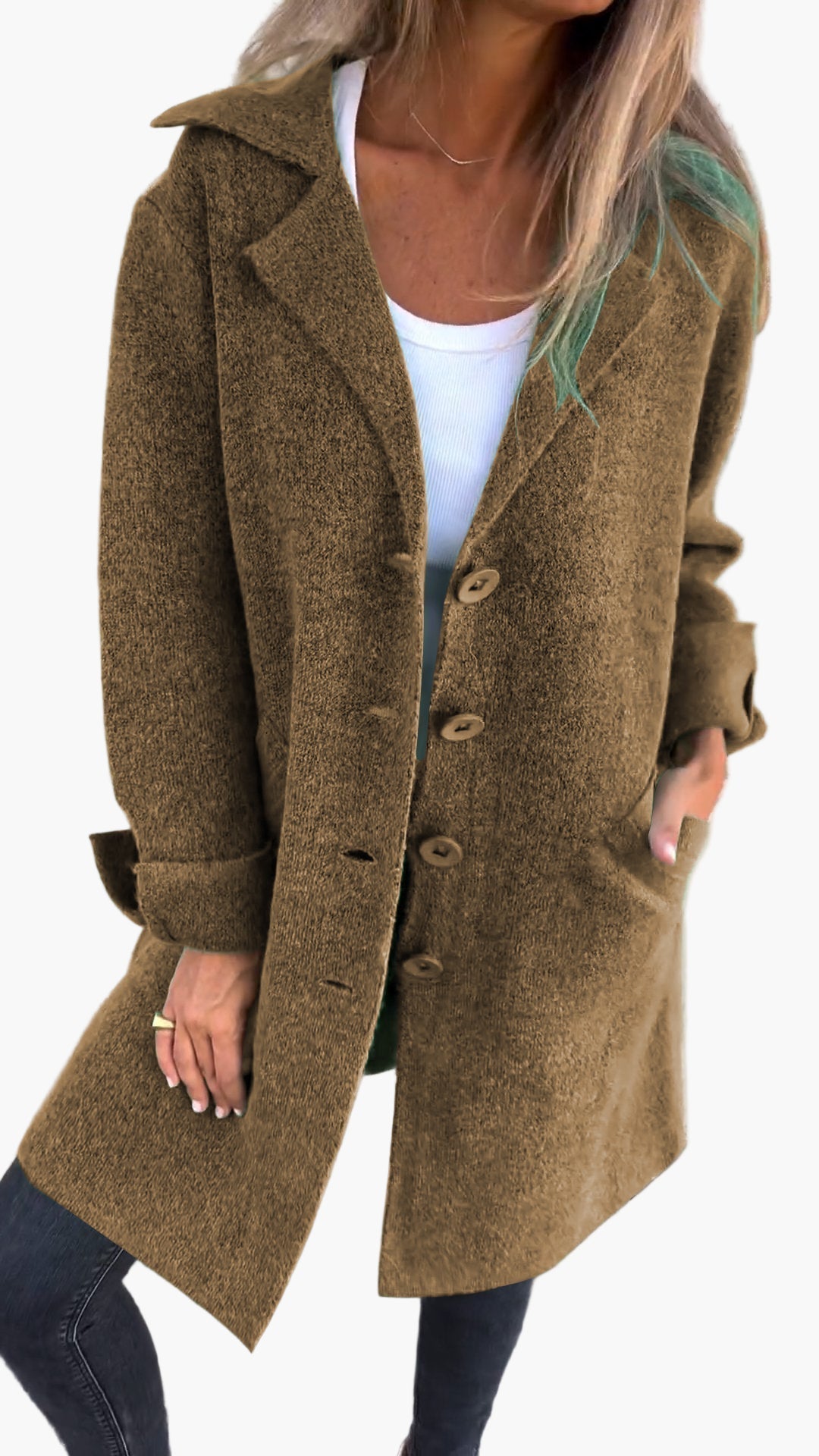 Women's Casual Long Coat with Turn-Up Sleeves – Stylish Everyday Outerwear