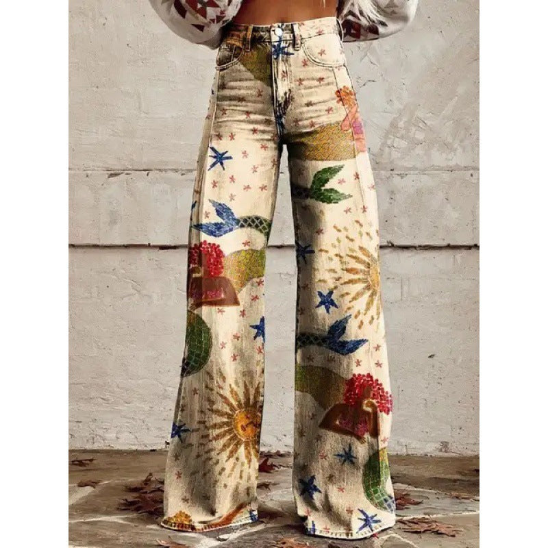 Samantha – Fashion Women's Printed High Waist Loose Thin Premium Vegan Denim Wide Leg Pants
