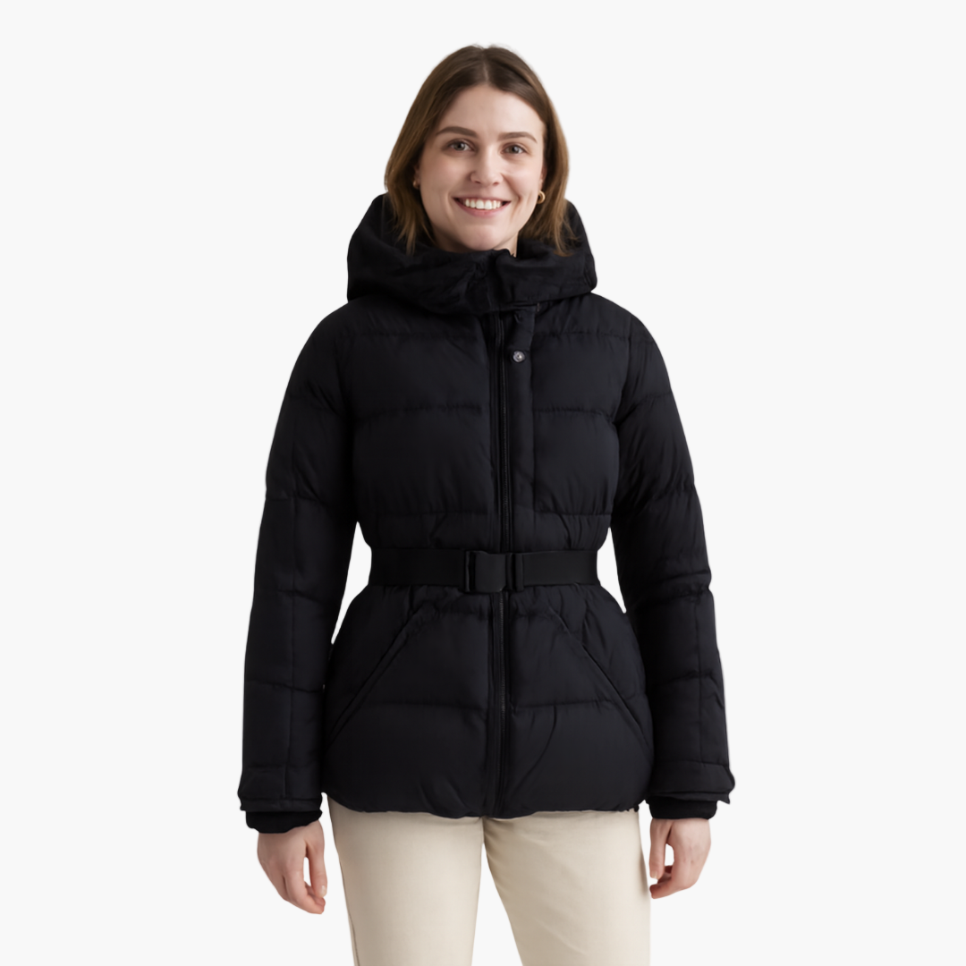 Women's Belted Hooded Fashion Puffer Jacket – Winter Water-Resistant Insulated Outerwear