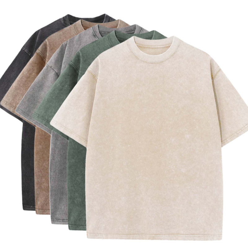 Katy – Pure Cotton Distressed T-shirt with Retro Round Neck and Short Sleeves